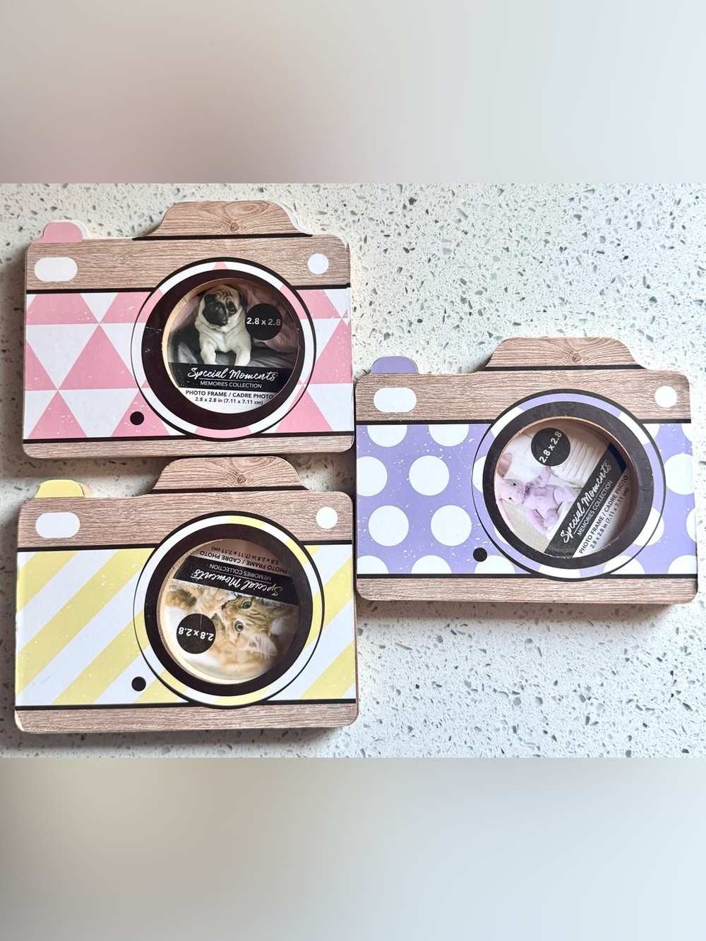 Set of 3 Camera Picture Frames Pastel Polka Dot Triangle Pattern NWT Home Decor - Picture 2 of 6